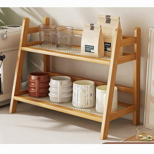 CHEXIY Kitchen Table Spice Rack, Household 2 Tier Mug Storage, Cabinet Coffee Cup, Mug Asphalt Shelf, Simple Bamboo Flower Holder Bookshelf (Wood Colour, Large)