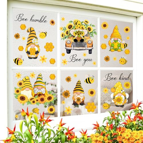 TOARTI Wandtattoos Gelb Bienen Fenster Dekoration Blumen,Biene Gnom Aufkleber,Fensterbilder Frühling Blumen,Fensteraufkleber Biene für Kinderzimmer Wohnzimmer