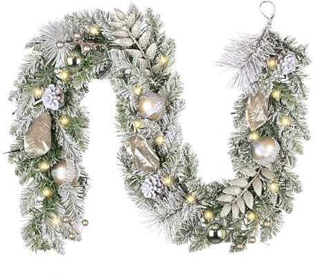 Valery Madelyn 152CM Weihnachtsgirlande mit 20 Led Timer Lichtern und Tannenzapfen Weihnachtskugeln, Tannengirlande Weihnachtsdeko für Treppe Tisch Außen Kaminsims Haustür, Weiß Gold