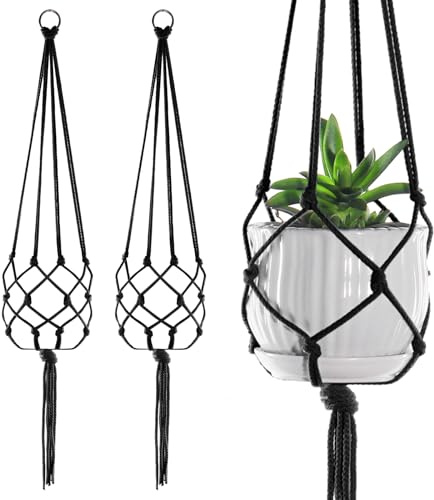 2-pack de grands crochets en macramé pour plantes pour décorations intérieures extérieures, corde pour suspendre des pots de fleurs, 100 cm (noir)