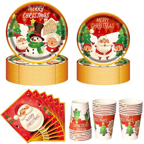 Nkaiso 80 Pièces Vaisselle en Papier de Noël, 20 Assiettes Plates 23 cm, 20 Assiettes à Dîner 18 cm,20 Gobelets en Papier, 20 Serviettes, Jetable Vaisselle de Fête de Noël