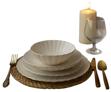 Kitchen Life Juego de vajilla de porcelana de 24 piezas de alta calidad – Serie Isabelia Oyster – Borde dorado – Porcelana Kutahya hecha a mano – Elegante juego de cena para 6 personas