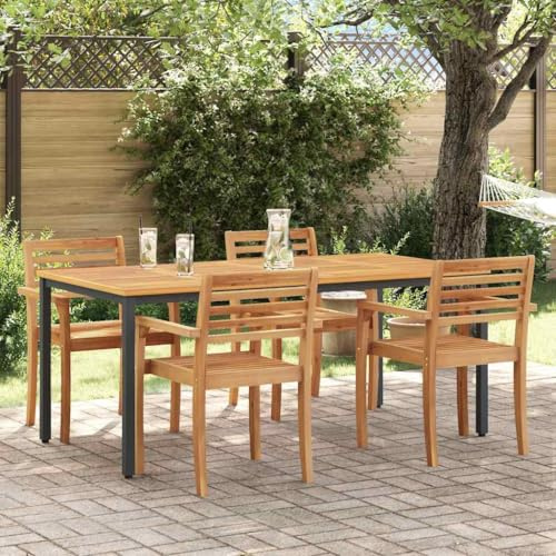 QUAHEAS Gartentisch Akazie Massivholz, 180x90x75 cm, UV-beständig, Schwarz/Natur, Robuste Stahlbeine, für Terrasse, Garten, Essbereich
