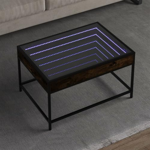 Mandloder Table basse avec LED Infinity, chêne fumé, 70 x 50 x 41 cm, bois dérivé, verre, éclairage RVB, table basse de salon