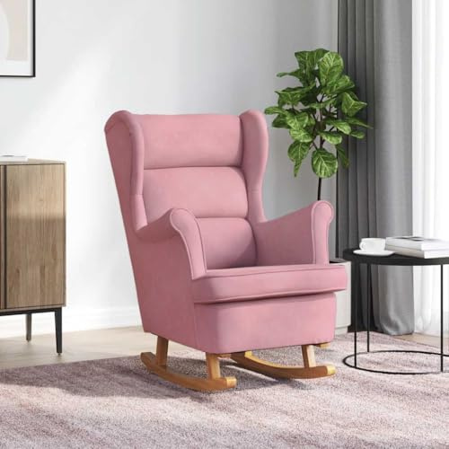 Refined Schaukelstuhl Ohrensessel Relaxsessel Rosa Samt und Massivholz