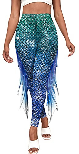 Damen Meerjungfrau Leggings Glänzend Hose Pants mit Tüll Schlaghose Fischschuppen Druck Faschingskostüm Karneval Verkleidung