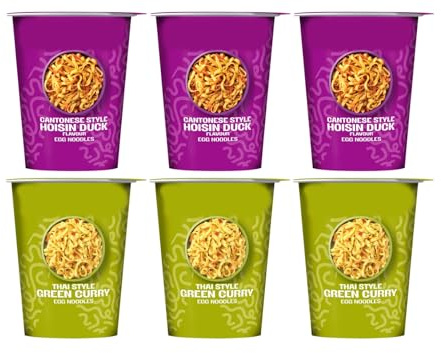 Instant Egg Noodle Pots, Cantonese Style Hoisin Duck and Thai Style Green Curry Flavour, No Artificial Colours, Pack of 6