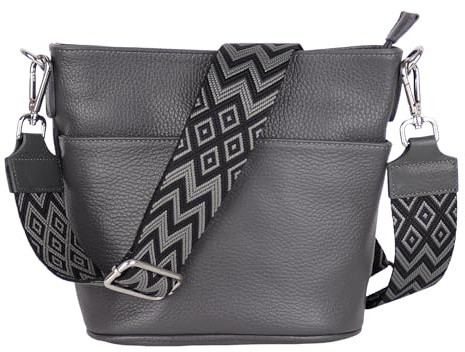 MIRROSI Damen Umhängetasche, Crossbody Bag, Echtleder I Made in Italy (1 Tasche 1 oder 2 Gurt(e)), 24x18x12cm (BXHXT) Mittelgroß (Upgrade Version (mit 2 Gurte): Dunkelgrau Boho)