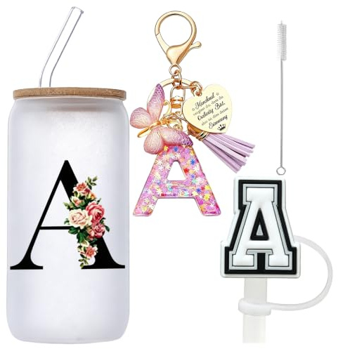 Bicchiere con Cannuccia in Vetro con Coperchio e Portachiavi a Lettera,A-Z Lettera Bicchiere Con Cannuccia,Bicchieri,Tazza Personalizzata,500ml Tumbler con Coperchio,regalo donna per amici,sorelle(A)