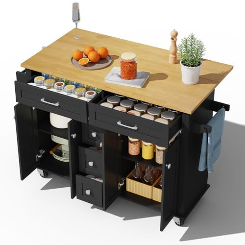 FurnitureR Kücheninsel aus MDF, Küchenwagen mit Klappplatte, 5 Schubladen, 4 Türen, Handtuchhalter und Stauraum, 140 x 65 x 89 cm, Schwarz mit helles Holzdekor, für Küche, mit viel Arbeitsfläche