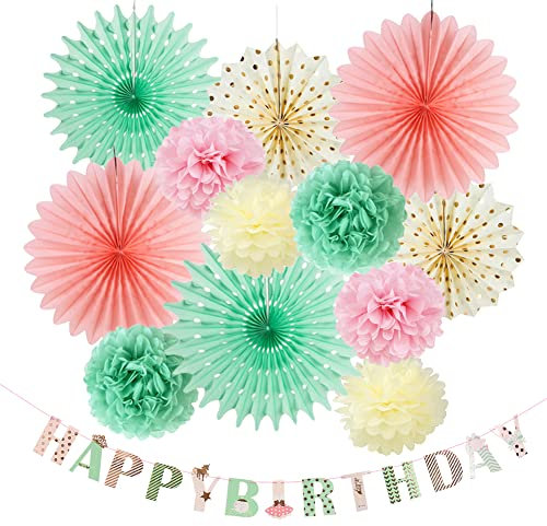 Easy Joy Pastel Birthday Decoration for Girls Women Happy Birthday Banner Hanging Tissue Paper Fans Pom Poms for Wedding Baby Shower Backdrop Hanging Decoration