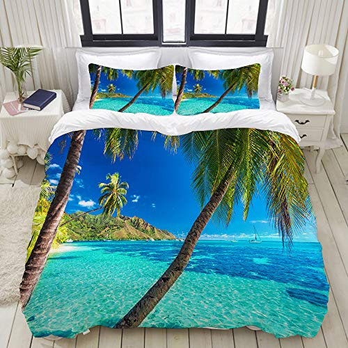 MOBEITI Bettwäsche-Set, Mikrofaser,Ozean, Bild von Einer tropischen Insel mit den Palmen und klarem Seestrand-Thema-Druck,1 Bettbezug 135 x 200cm+ 2 Kopfkissenbezug 80x80cm
