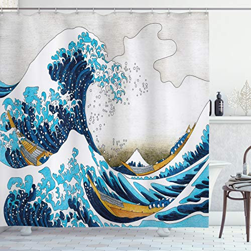 ABAKUHAUS Hokusai Duschvorhang, Oceanic Welle von Kanagawa, Stoffliches Gewebe Badezimmerdekorationsset mit Haken, 175 x 240 cm, Blau Eierschalenfarben