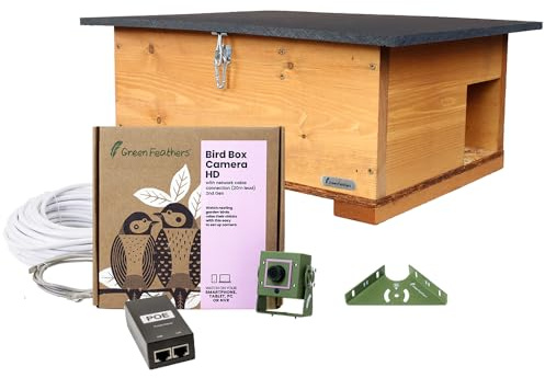 Green Feathers 1080p Wired Wildlife Camera & Hedgehog Habitat- IP PoE Hedgehog Camera, Watch Live on Phone, Tablet or PC, includes 20m PoE cable (UK Power Supply, Wired IP Camera & Hedgehog House)