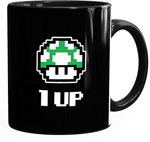 Kaffee-Tasse Geburtstag Retro Pixel-Pilz 1-Up-Pilz Level-Up Gaming Konsole 90er MoonWorks® schwarz unisize