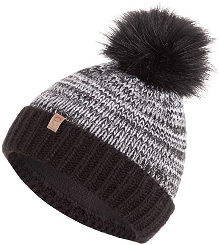 Faera Wintermütze warm gefüttert mit Kunstfell Bommel-Mütze Fleece-Futter Winter Strick-Mütze Beanie-Mütze Damen Herren One-Size 03, Farbe:Schwarz