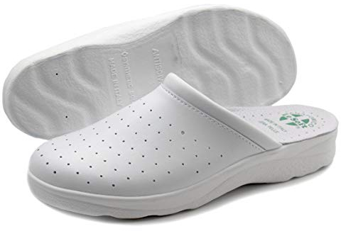 Ciabatte Sanitarie Anatomiche Uomo e Donna, Scarpe Pantofole Ortopediche Confortevoli con Tomaia in Vera Pelle Traforata, MADE IN ITALY, Bianco (Uomo) 44