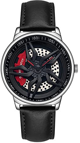 RWXCOW Herren Uhren, Auto Rad Felgen Nabe Uhr, Hohl wasserdicht Sport Uhr für Herren Geschenke Armbanduhren Silber (Lederriemen)