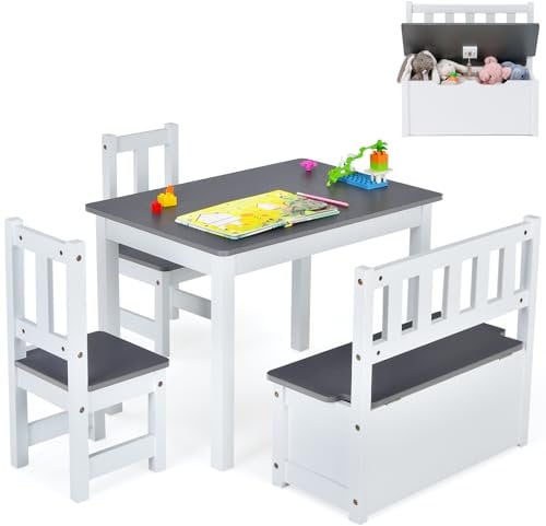 GYMAX Wooden Kids Table and Chair Set, Children Activity Desk with 2 Chairs & Storage Bench, 4-Piece Toddler Furniture Set for Arts Crafts Reading Eating (Grey)