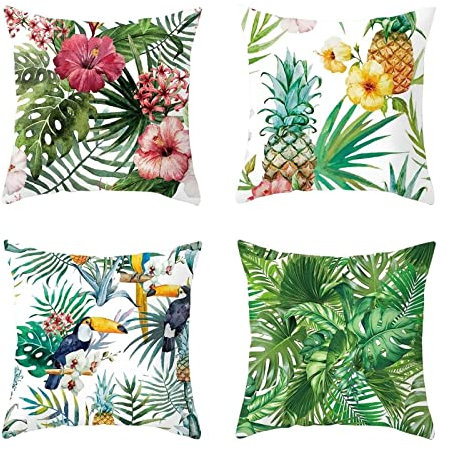 Kissenbezüge 50x50 4er Set, Sofa Cushion Cover Grün Kissenhülle Dschungel Blumen Blätter Ananas Zierkissen