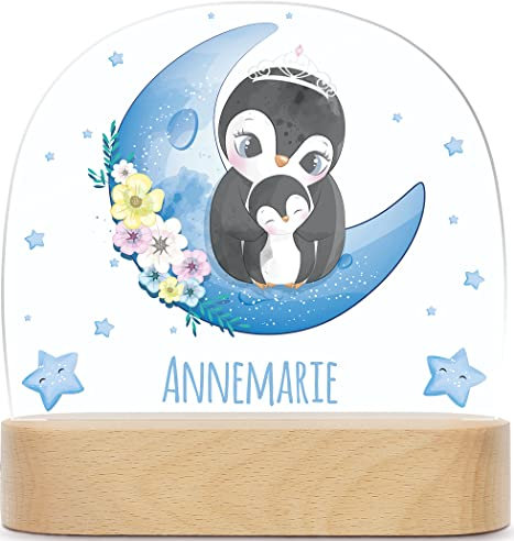 GRAVURZEILE Personalisiertes Kinder Nachtlicht - Mond Design - LED Nachttischlampe für das Kinderzimmer - Personalisierte Geschenke für Kinder & Babys - Geschenk zur Geburt - Babygeschenk - Pinguin