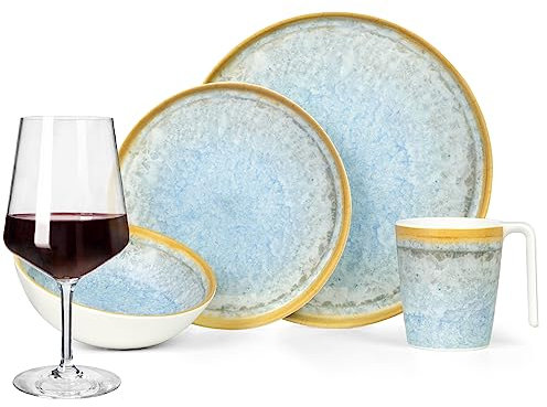 Melamin Camping Geschirr Set 4 Personen Crystal Blue + 4 Milano Rotwein Gläser Rot Weingläser Tafelgeschirr Picknick BBQ Kochgeschirr