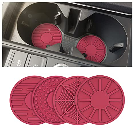 JNNJ 4 Stück Universal Auto Getränkehalter Untersetzer, Auto Tassenhalter Silikon Untersetzer Anti-Rutsch, Sun Dot Spider Stripe Design Auto Untersetzer(Weinrot)