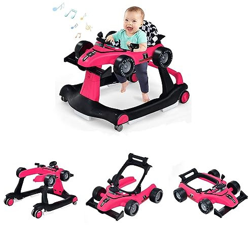 RELAX4LIFE Girello per Bambini 6 in 1 con Luci e Suoni, Vassoio Giocattolo Rimovibile, 2 Velocità Ruote e 3 Altezze Regolabili 50,5/53,5/55,5 cm, Portata 12 kg (ROSA SHOCKKING)