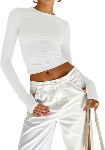 Women's Y2K Tops Crop Top Club Party Girls Streetwear Basic Long Sleeve Slim Fit Crop T Shirt Top (UK, Alpha, L,Regular, Regular, White)