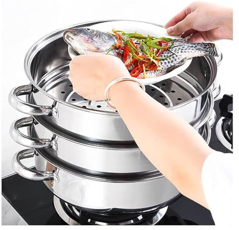 GVILTY steam juicer 3 Tier Steamer Pot,Stainless Steel Steamer Cooker,Kitchen Cooker Steam Pot Set Steamer Pot Steaming Cookware+Glass Lid