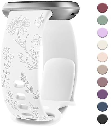 Vancle für Fitbit Versa 3 Armband/Fitbit Versa 4 Armband/Fitbit Sense Armband/Fitbit Sense 2 für Damen Herren, Silikon Armbänder Floral Gravierte Uhrenarmband Sport Ersatzarmband, Weiß
