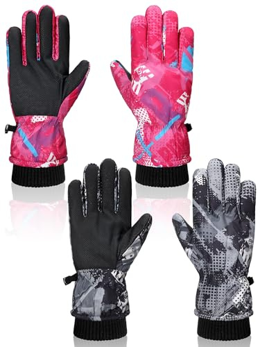 Geyoga 2 Pairs Kids Waterproof Ski Gloves, Black, Rose Red, 5-10 Years
