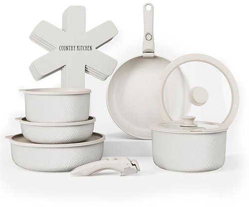 Country Kitchen Ensemble de casseroles et poêles 13 pièces – Batterie de cuisine antiadhésive sans danger avec poignée amovible, passe au four (losange, crème)