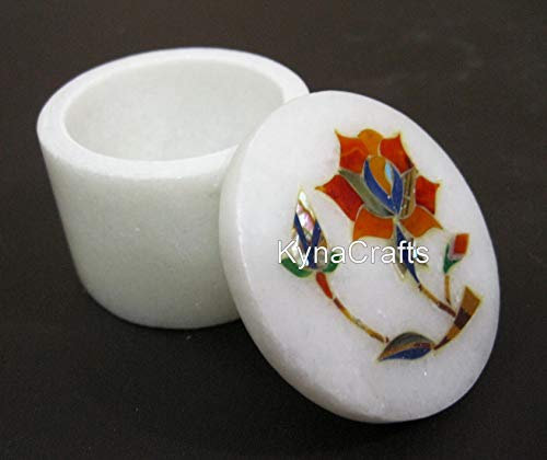 Indian Cottage Art and Crafts Schmuckkästchen mit Karneolsteineinlage, runde Form, weißer Marmor, 6,3 cm