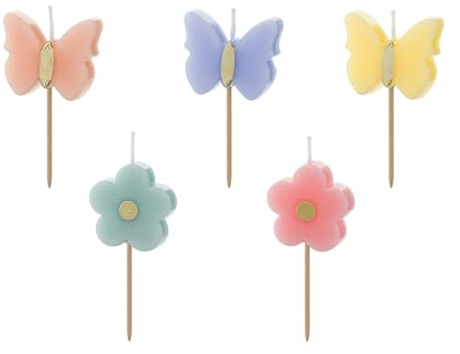 Set 5 Kerzen bunte Blumen Schmetterling Kuchendeko Sommerfest Geburtstag Deko Muffins Cupcake Frühling Tortenstecker Kuchenstecker