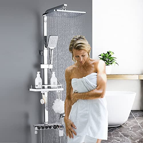 Dnkelar Duschsystem, Duschstange Höhenverstellbar, Duschset mit Mischbatterie, Duschsystem mit Regendusche, Regal und Handbrause mit 3 Strahlarten (Thermostat-LED Display-Silber-3)