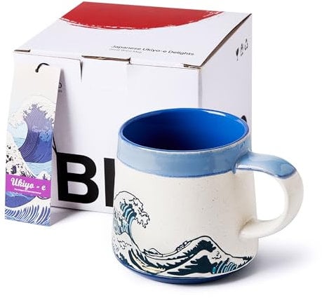 BICETTO Handmade 15 Oz Japanese Ukiyo-e Large Ceramic Coffee Mug, Artistic Pottery Big Tea Cup for Office & Home, Microwave & Dishwasher Safe (Great Wave)