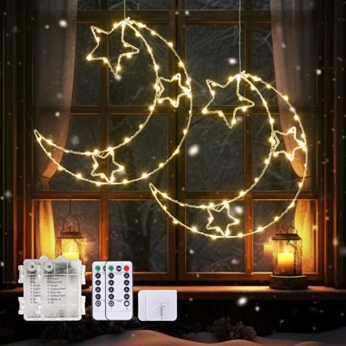Sanduby 100 LED Christmas Window Lights, 8 Modes Stars Moon Christmas Lights, 2 Packs Battery-Powered Xmas Window Decorations with Remote Control & Timer Fairy Lights for Indoor Outdoor