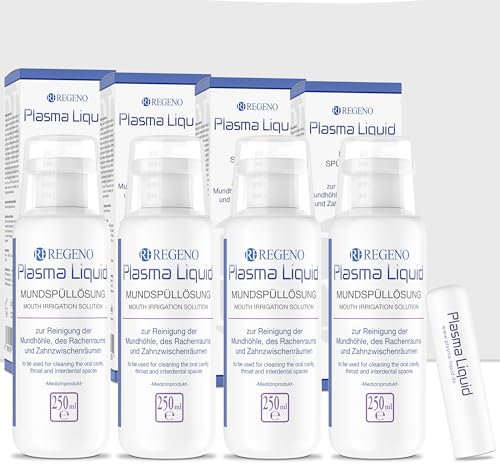 4x Plasma Liquid Mundspüllösung + Lippenpflegestift | 250ml/4,5g | zur Reinigung und Dekontamination von Mundhöhle, Rachenraum und Zahnfleisch