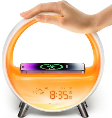 Dekala Réveil Lumineux avec Simulation de Lever et Coucher de Soleil, Lampe de Chevet, Chargement sans Fil 15W, Contrôle Tactile et App, Compatible avec Alexa