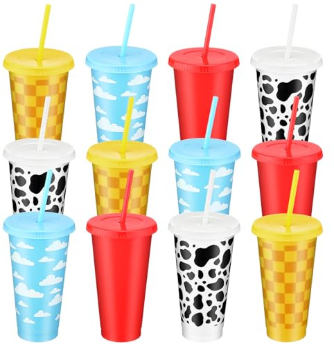 Havawish 12 Pcs Cartoon Story Party Plastic Tumbler with Lid and Straw 24 oz Blue White Cloud Reusable Plastic Cups Cow Print Theme Drinking Cups for Birthday Carnival Party Supplies