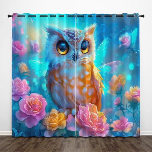 CEDNXOER Vorhang Blickdicht Vorhänge Blau 2er Set H 214 x B 132 cm Verdunklungsvorhänge mit Ösen, Cartoon-Eule Fenstergardinen,Verdunkelungsvorhang Ösenschal Rose Gardinen