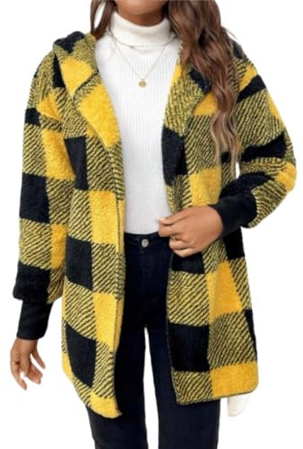 FUNSEED Damen Hoodie Thermo Langarm Plüsch Plaid Jacke Hoodie Sweatshirt, gelb, XXL