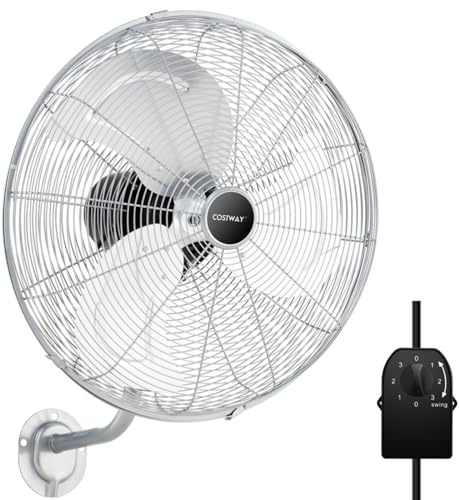 COSTWAY 20 Inch (51 cm) Oscillating Wall Fan, 120W Wall Mounted Fans with 3 Speeds, 85° Oscillation & 30° Adjustable Tilt Head, Metal Wall Mount Cooling Fan for Home Office Garage (Silver)