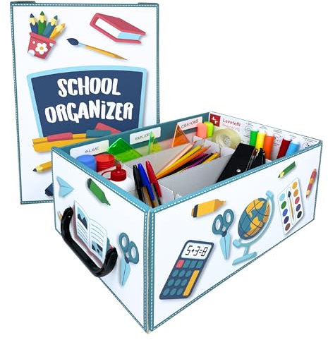 Lavatelli Back to School Organizer, Kartonbox für Kinder Schulsachen. Schreibwaren & Kreativmaterial, 4 verstellbare Fächer + Stifthalter, für A4 Blätter, Stifte & Marker, 32x22,5x15 cm