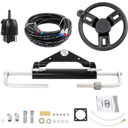 Fyssnn Kit de dirección hidráulica para fuerabordas hasta 150 CV, sistema de dirección de barco de 200 mm de carrera con bomba hidráulica, cilindro y mangueras. Sistemas de dirección marina para botes