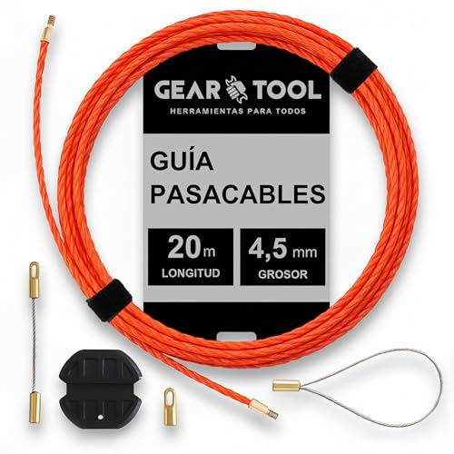 GearTool - Guía Pasacables Profesional 20m x 4,5mm | Monofilamento Trenzado de Poliéster | 3 Terminales Intercambiables M5, 2 Bridas Reutilizables y Tirador Ergonómico | Para Electricistas y Bricolaje