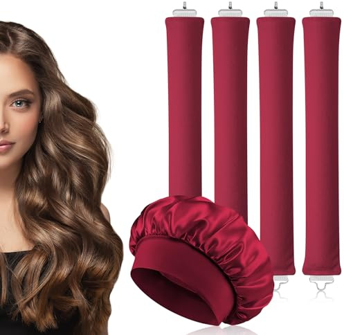 AOOWU 4PCS Heatless Curling Rods, Heatless Blowout Rods with Satin Silk Bonnet, Overnight No Heat Hair Rollers, Flexi Bars with Hooks, Heat Free Curling Iron for All Hair Types, Sleep DIY Hair Curls