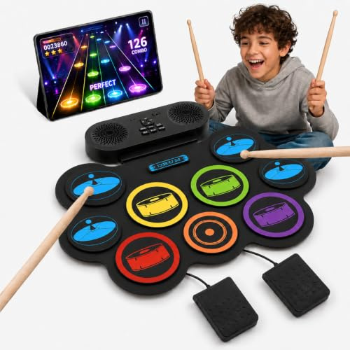 KIRJAUDU Batería Electrónica Portátil Enrollable con Altavoz Bluetooth | 9 almohadillas silenciosas, kit con pedales y baquetas, ideal principiantes, niños y adultos, perfecto regalo de cumpleaños