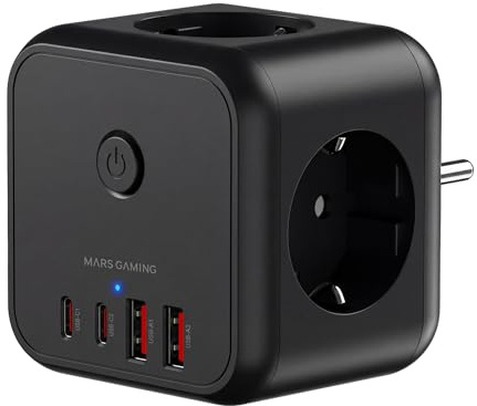 Mars Gaming MD-CUBE20, Powercube Multifunción Compacto, 3X Enchufes SCHUKO + 2X USB-C + 2X USB-A, Carga Rápida PD 20W, Tecnología GAN, Botón ON/Off con Indicador LED, 9 Protecciones, Negro